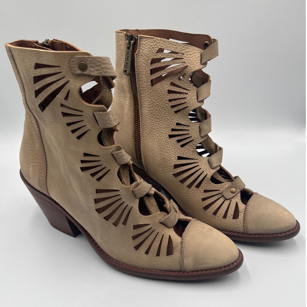 Veracruz Mallory Distressed Leather Cutout Booties EU 39 Tan Boho Made Spain - Picture 4 of 11